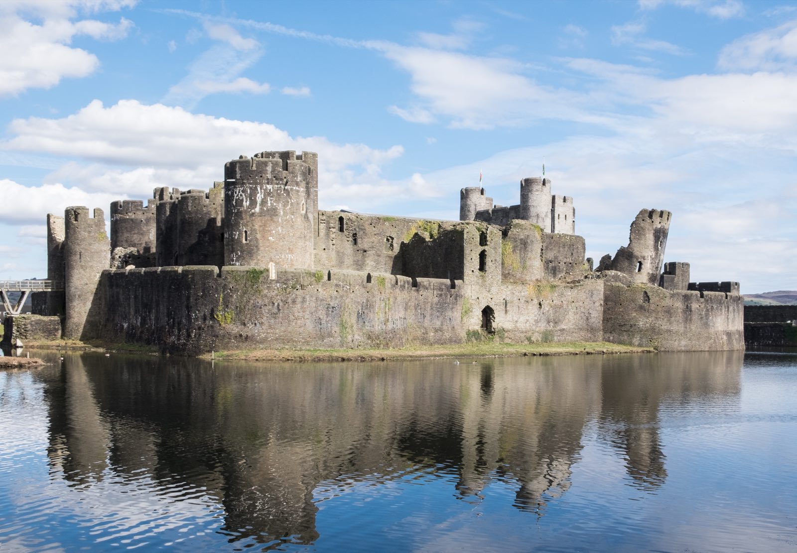Caerphilly Castle and moat from the south