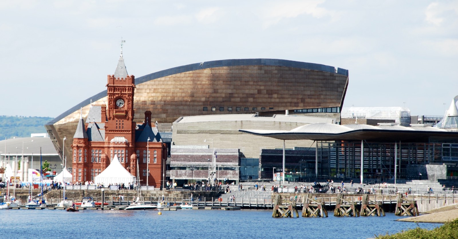 Cardiff Bay waterfront with the Pierhead Building, Wales Millennium Centre and the Senedd