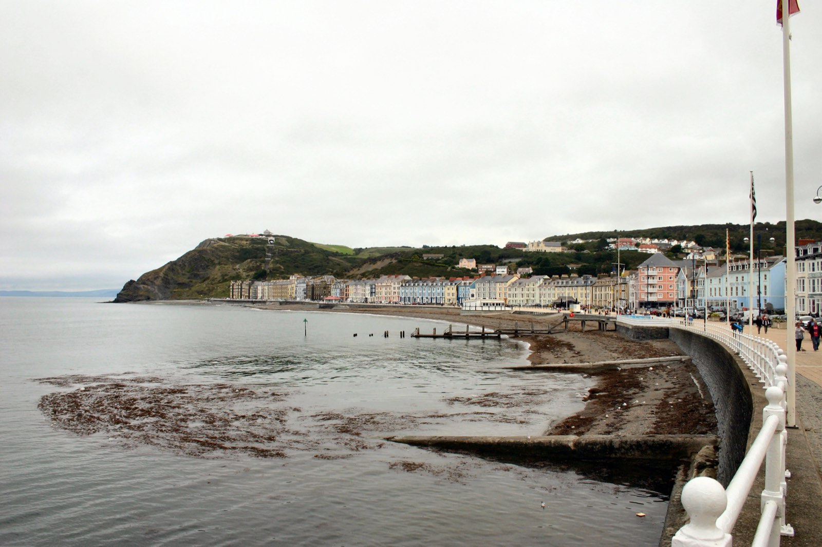 Pastel-coloured terraces along the Aberystwyth seafront promenade